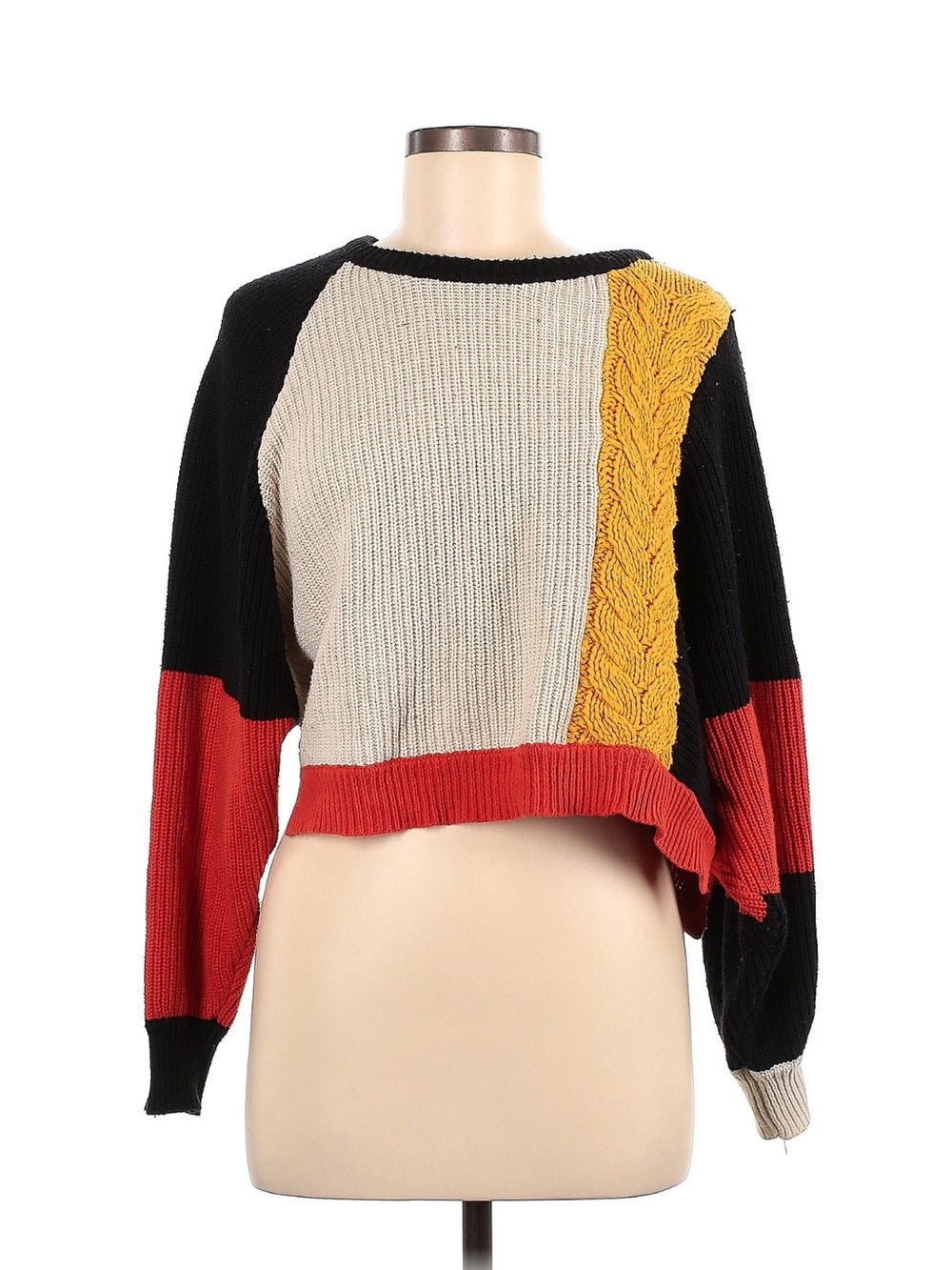 Colorblock Cable-Accent Cropped Sweater - Beige, Black, Red & Mustard